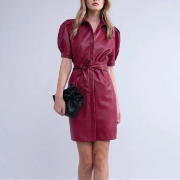 Rachel Parcell Dresses & Skirts - Rachel Parcell Red Vegan Leather Puff Sleeve Belted Collared Dress Size XXS NWT
